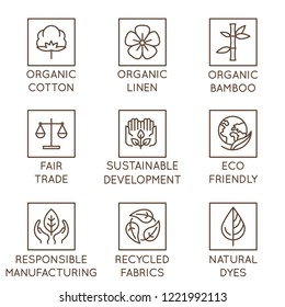 Vector Set Of Linear Icons And Badges Related To Slow Fashion And Sustainable Made Textiles, Fabrics, Garment And Clothes - Eco-friendly Manufacturing And Fair Trade Certified Producing