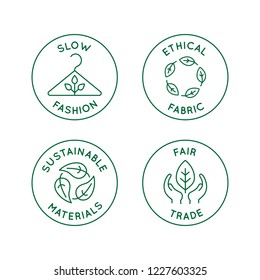 Vector Set Of Linear Icons And Badges Related To Slow Fashion - Ethical Fabric, Sustainable Materials, Fair Trade - Eco-friendly Manufacturing And Organic Certified Producing Of Garment And Apparel 