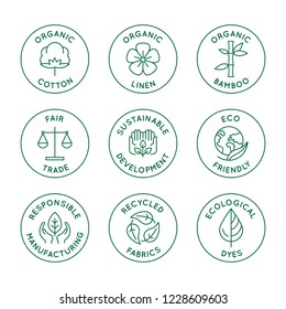 Vector Set Of Linear Icons And Badges Related To Slow Fashion And Sustainable Made Textiles, Fabrics, Garment And Clothes - Eco-friendly Manufacturing And Fair Trade Certified Producing