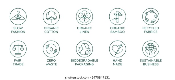 Vector set of linear icons and badges related to slow fashion - ethical fabric, sustainable materials, fair trade - eco-friendly manufacturing and organic certified producing of garment and apparel 