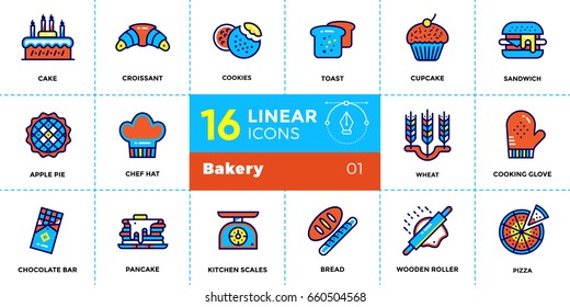 Vector set of linear icons, bakery and cooking. Modern outline icons for mobile application and web concepts