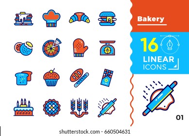 Vector set of linear icons, bakery and cooking. Modern outline icons for mobile application and web concepts