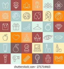 Vector set of linear icons - beauty and cosmetics signs and symbols - design concepts for hairdressers and wellness centers