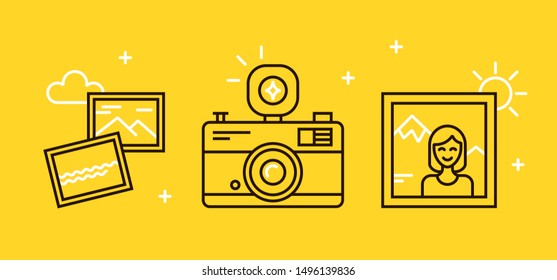 Vector set of linear icons with a camera with flash and travel photos.