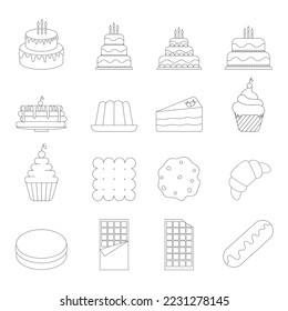 Vector set of linear icons of confectionery. Icons of cakes, pastries, cookies on a white background.Vector illustration