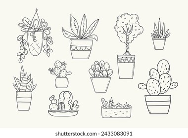 Vector set  linear icons domestic plants. Botanical doodles llustration. Urban jungle. Hobby trendy gardening. 