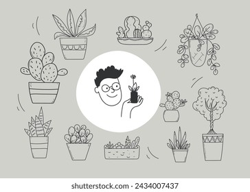 Vector set  linear icons domestic plants. Botanical doodles llustration. Urban jungle. Hobby trendy gardening. 