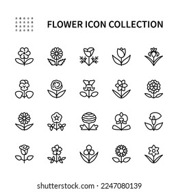 Vector set linear icons of flowers. Flora. Orchid, periwinkle, petunia, tradescantia, snapdragon, sunflower, tulip and more. Isolated collection of flowers for web sites on white background.