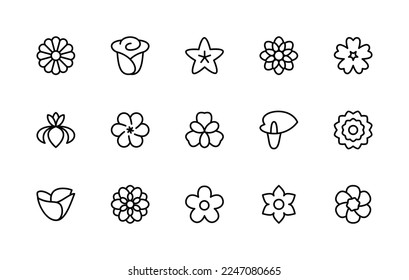 El vector establece iconos lineales de las flores. Flora. Rosa, peonía, azalea, gardenia, mariposa, amapola, lirio calla, iris, dahlia y más. Colección aislada de flores para sitios web de fondo blanco.