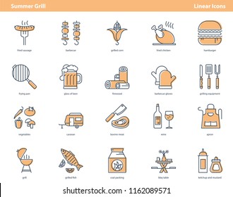 Vector set of linear icons. Grill camping, corn, fried products. Illustrations of  barbecue food and grill equipment.