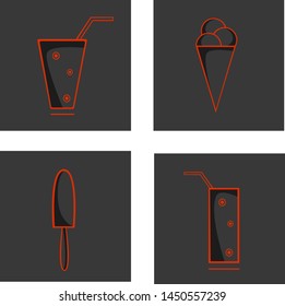Vector set of linear icons of ice cream, smoothies, drinks and cocktails