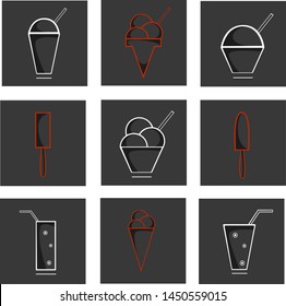 Vector set of linear icons of ice cream, drinks and cocktails