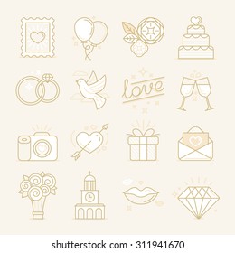 Vector set of linear icons and illustrations related to love, wedding, valentine's day and marriage - collection of signs and design elements for wedding invitations