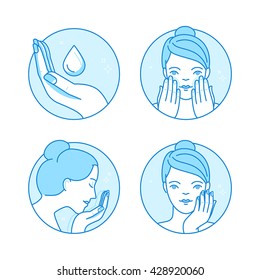 Vector set of linear icons, illustrations and infographics design elements - skin care and cleansing - woman's face with cream and lotion- beauty and cosmetics packaging emblems