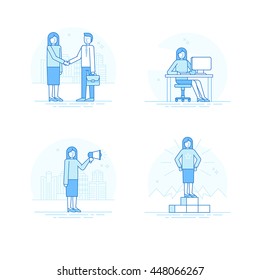 Vector set of linear icons, illustrations and infographic elements in linear style  - business concept - woman character working at the computer, achieving success, shaking hands with partner 