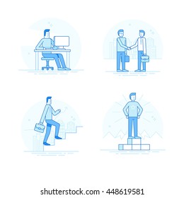 Vector set of linear icons, illustrations and infographic elements in trendy linear style - business concept - man character working at the computer, achieving success, shaking hands with partner 