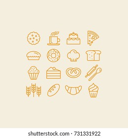 Vector set of linear icons and illustrations related to bakery - collection of outline signs with sweet bread, cakes, pizza, croissant