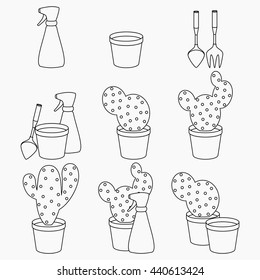 Vector set of linear icons. Includes cactus, sprayer, gardening tools, and pot. Could be used as a "Houseplant", "Gardening" or "Exotic plant" concepts.