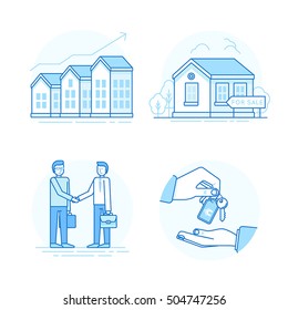 Vector set of linear icons and infographic design elements - real estate concepts - houses for sale - process of purchasing property with agent