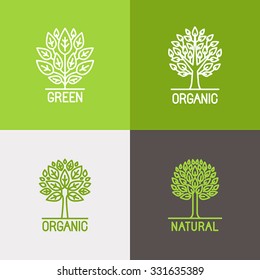 Vector set of linear icons and logo design elements in trendy mono line style - growth concepts, business emblems and signs - tree and bush labels