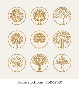 Vector set of linear icons and logo design elements in trendy mono line style - growth concepts, business emblems and signs - tree and bush labels