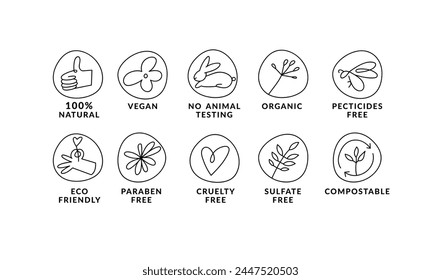 Conjunto de Vectores lineales, logotipos o etiquetas para productos naturales y orgánicos. Símbolos de contorno para alimentos y cosméticos