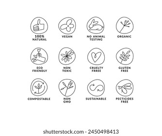 Vector set linear icons, logos or labels for natural and organic products. Outline symbols for food and cosmetics