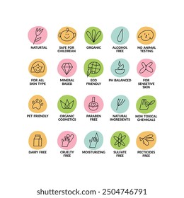 Vector set linear icons, logos or labels for natural and organic products. Outline symbols for food and cosmetics