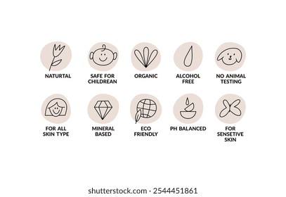 Vector set linear icons, logos or labels for natural and organic products. Outline symbols for food and cosmetics