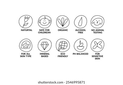 Vector set linear icons, logos or labels for natural and organic products. Outline symbols for food and cosmetics