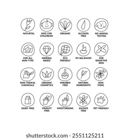 Vector set linear icons, logos or labels for natural and organic products. Outline symbols for food and cosmetics