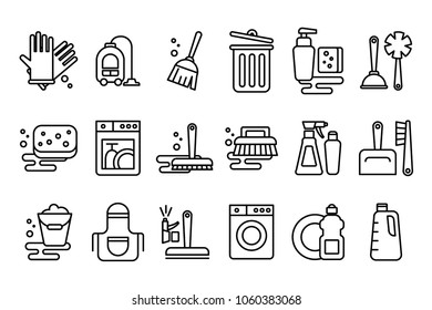 Vector set of linear icons on cleaning theme. Objects for housekeeping gloves, broom, hoover, mop and bucket. Elements for mobile app, website, cleaning company