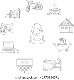 Vector set of linear icons on the topic of everyday life and human thoughts. Icons of a girl, a house, a bicycle, a plate of food, a bed, books, a card with a backpack and a rug, a cinema with a large