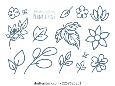 Vector set with lot of linear icons of plant parts with editable outlines. Many small flowers and thin twigs with different leaves. Floral elements for trendy spring print design. Cute childish design