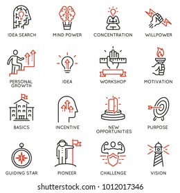 Vector set of linear icons related to skills, empowerment leadership development, qualities of a leader and willpower. Mono line pictograms and infographics design elements - part 2