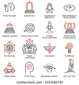 Vector set of linear icons related to skills, empowerment leadership development, qualities of a leader and willpower. Mono line pictograms and infographics design elements - part 3