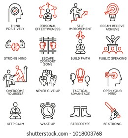 Vector set of linear icons related to skills, empowerment leadership development, qualities of a leader and willpower. Mono line pictograms and infographics design elements - part 4