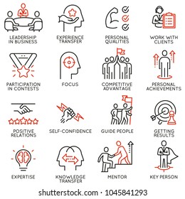 Vector set of linear icons related to skills, empowerment leadership development and qualities of a leader. Mono line pictograms and infographics design elements - part 5