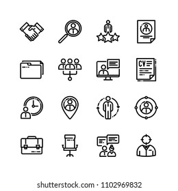 Vector set of linear icons related to team work, career progress and business process.