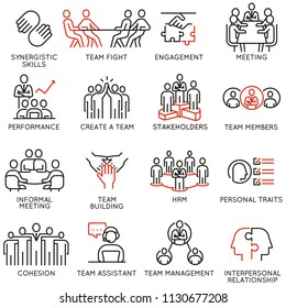 Vector set of linear icons related to business process, team work, human resource management and stakeholders. Mono line pictograms and infographics design elements - part 6