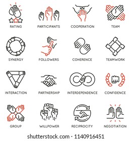 Vector set of linear icons related to relationship, team work and cooperation. Mono line pictograms and infographics design elements