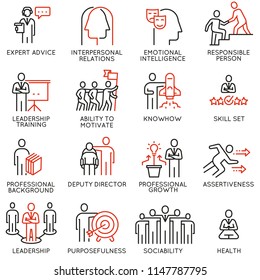 Vector set of linear icons related to skills, empowerment leadership development and qualities of a leader. Mono line pictograms and infographics design elements - part 6