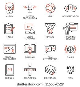 Vector set of linear icons related to language translation, studying and interpretation, translation service. Mono line pictograms and infographics design elements