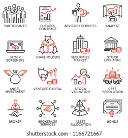 Vector set of linear icons related to trade service, investment strategy and management. Mono line pictograms and infographics design elements - part 2