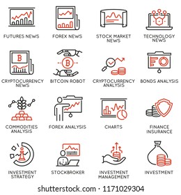 Vector set of linear icons related to trade service, investment strategy and management. Mono line pictograms and infographics design elements - part 1