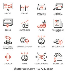 Vector set of linear icons related to trade service, investment strategy and management. Mono line pictograms and infographics design elements - part 3