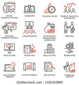 Vector set of linear icons related to trade service, investment strategy and management. Mono line pictograms and infographics design elements - part 4