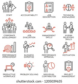 Conjunto vetorial de ícones lineares relacionados à gestão de recursos humanos. Pictogramas de linha mono e elementos de design infográficos - parte 1