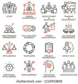 Vector set of linear icons related to human resource management, career competency and leadership. Mono line pictograms and infographics design elements - part 4