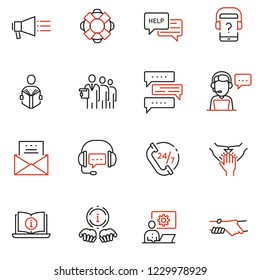 Vector set of linear icons related to support, help and online assistant. Mono line pictograms and infographics design elements